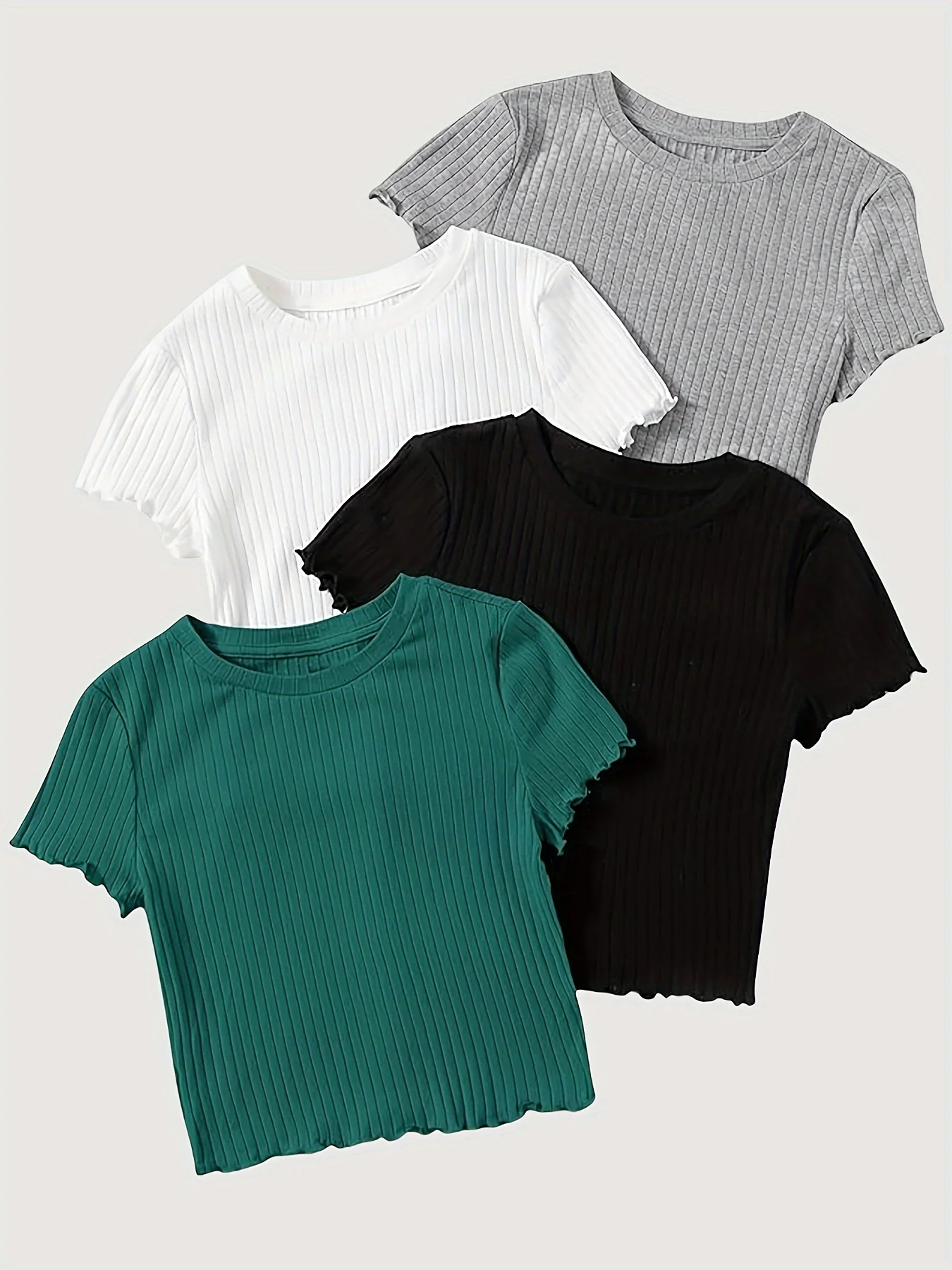 Women Crew Neck Short Sleeve Ribbed Knit Crop Top 4 Pack Casual Form Fitting Solid Color Tee Set