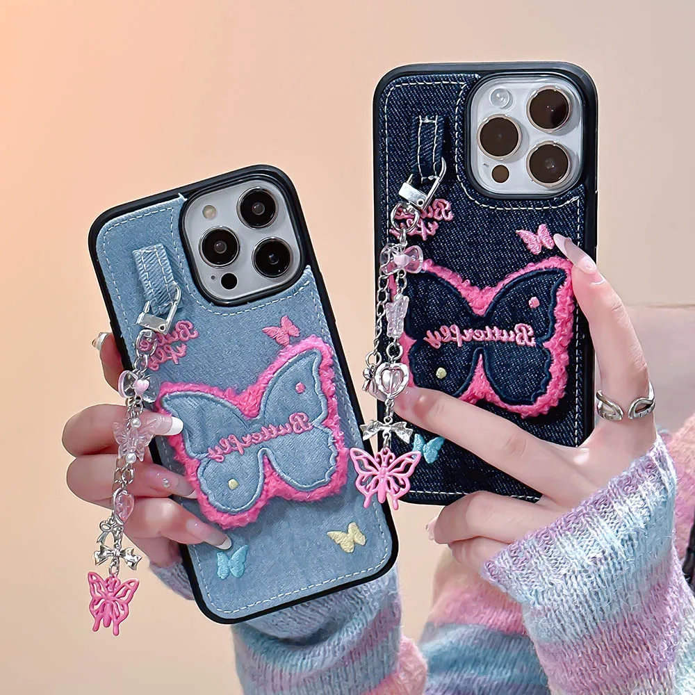 

Embroidery Butterfly Jean Cloth Denim Case For iPhone 12 13 14 15 Pro Max 11 Phone Case with Pendant Keychain Soft Back Cover