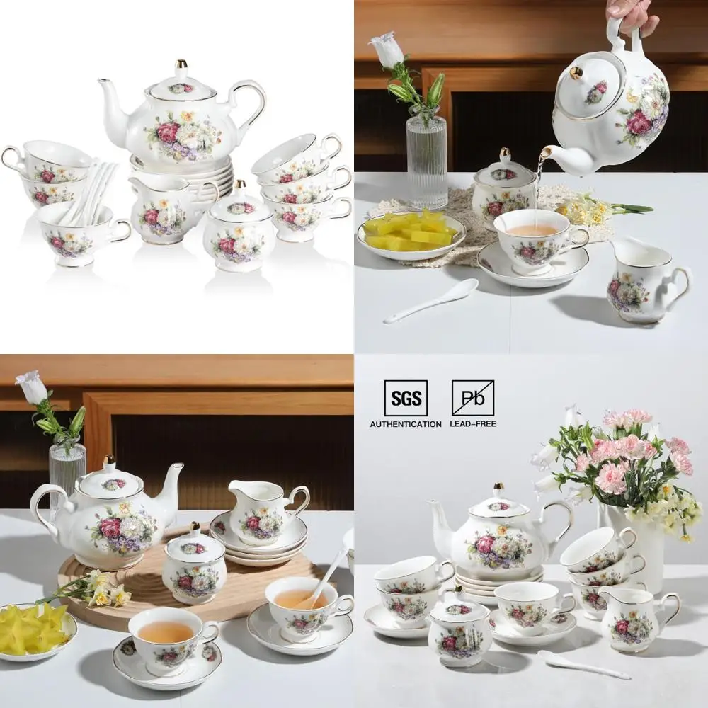 

Винтажный фарфоровый чайный сервиз с цветочной позолотой оправой на 6 человек, включая чай, рельефный дизайн в британском стиле, сервисный сервиз с чайником, чашками