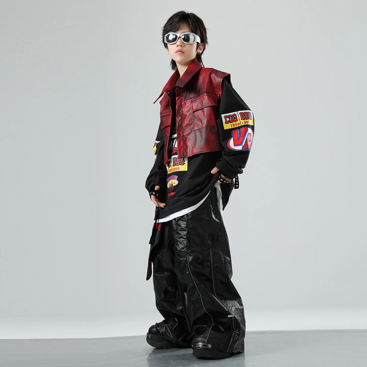 Children Hip Hop Jazz Fashion Show Boy Gilr Loose Leather Vest Baggy Pant T-shirt Sets Dance Performance Clothes Kids Tracksuits