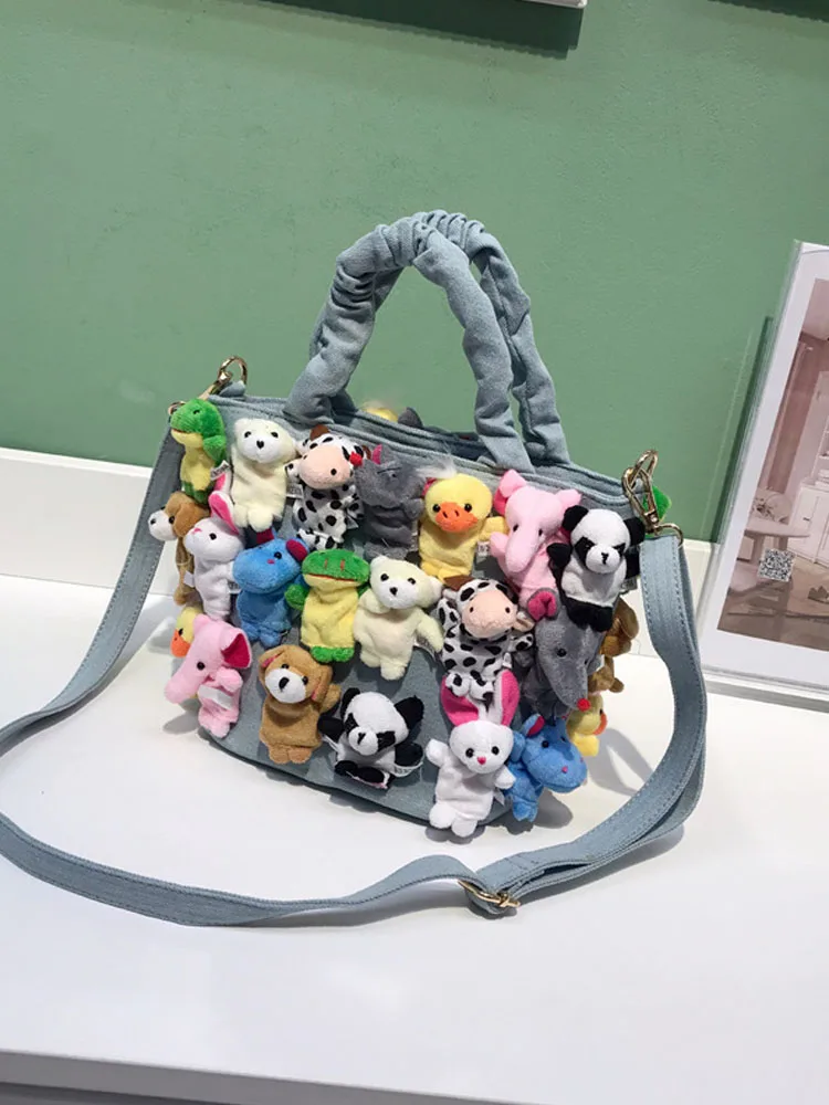 Women Kawaii Bucket Totes Fashion Crossbody Bags Cartoon Decoration Denim Handbags Casual Fashion Ladies Single Shoulder Bags