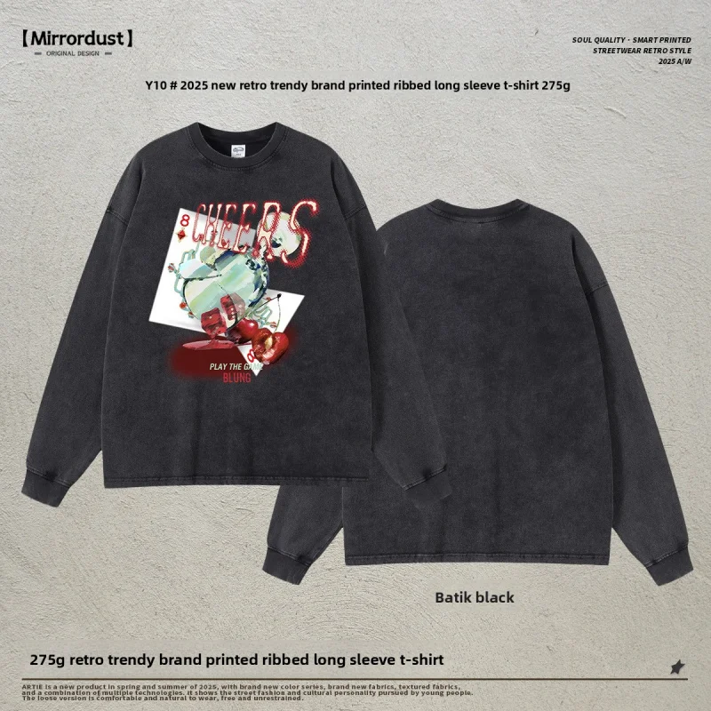 

【Mirrordust】New275GPure хлопковая винтажная футболка в рубчик с длинными рукавами и принтом