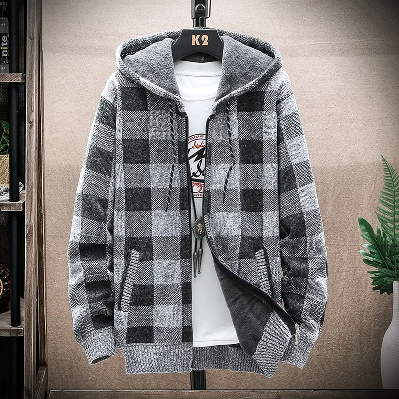 Knitted Cardigan Sweater Fall/Winter New Fleece Male Jacket Men\'s Clothing Plaid Printed Long Sleeve Warm Hooded Sweater Coat