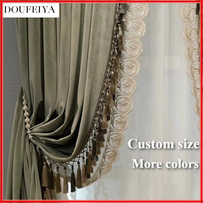

Vintage Green Velvet Luxury Thickened European Style Blackout Curtains for Living Room Bedroom Dining Custom Size White Tulle