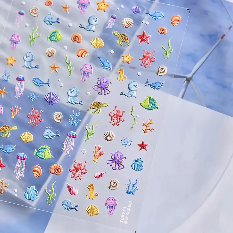 반짝이는 양각 불가사리 쉘 네일 스티커, 다채로운 해파리 별 네일 데칼 장식, 5D 여름 오션 월드 네일 스티커, 1 개