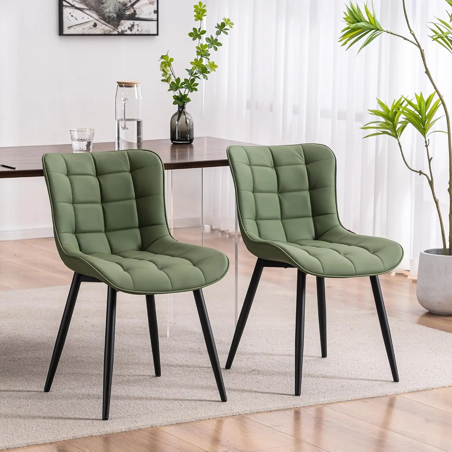 

Olive Green Dining Chairs Set of 2 PU Leather Upholstered Modern Armless Dining Room Chair with Back Metal Legs Kitchen