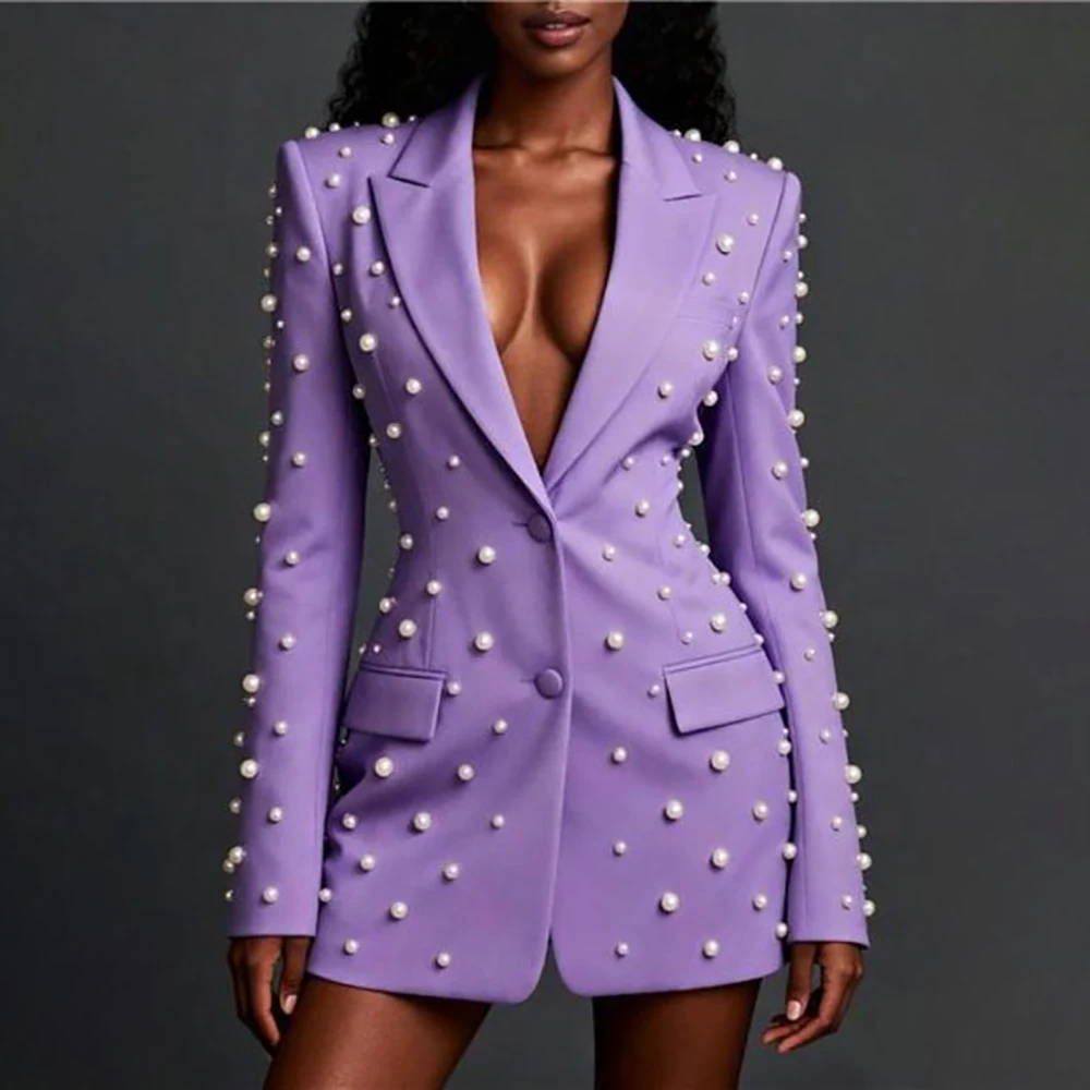 Exquisite Pearls Women's Blazer Fashion Single Breasted Peak Lapel Jacket Formal Evening Jacket 1 Piece Female Clothing 2026