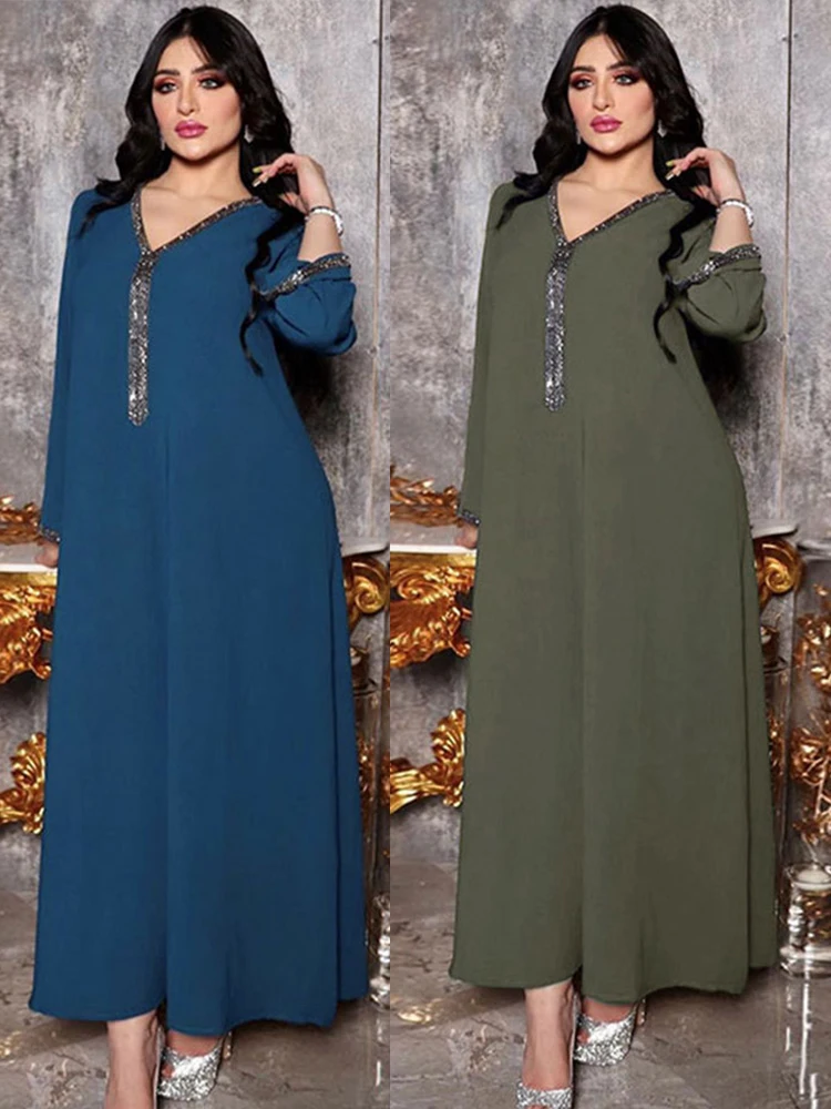 Ramadan Morocco Party Dress Women Muslim Abaya Eid Lace-up Dubai Abayas Diamond Kaftan V Neck Robe Vestidos Turkey Gown 2023