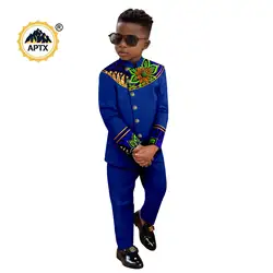 African Clothes for Children Boy Suits Dashiki Stand Jacket Button Bright Silk Top and Pant Sets Bazin Riche Kid Outfits 2446050