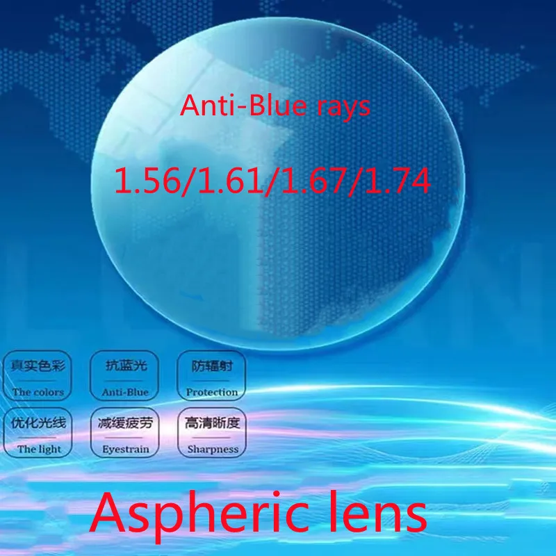 1.56/1.61/1.67/1.74 Aspheric prescription lens with blue light protection and radiation resistance.