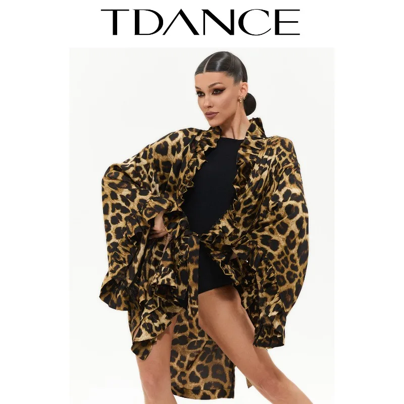 Damska szata do tańca standardowego TDANCE, wzór w panterkę, luźny krój, falbany, haftowany pasek z kieszenią.