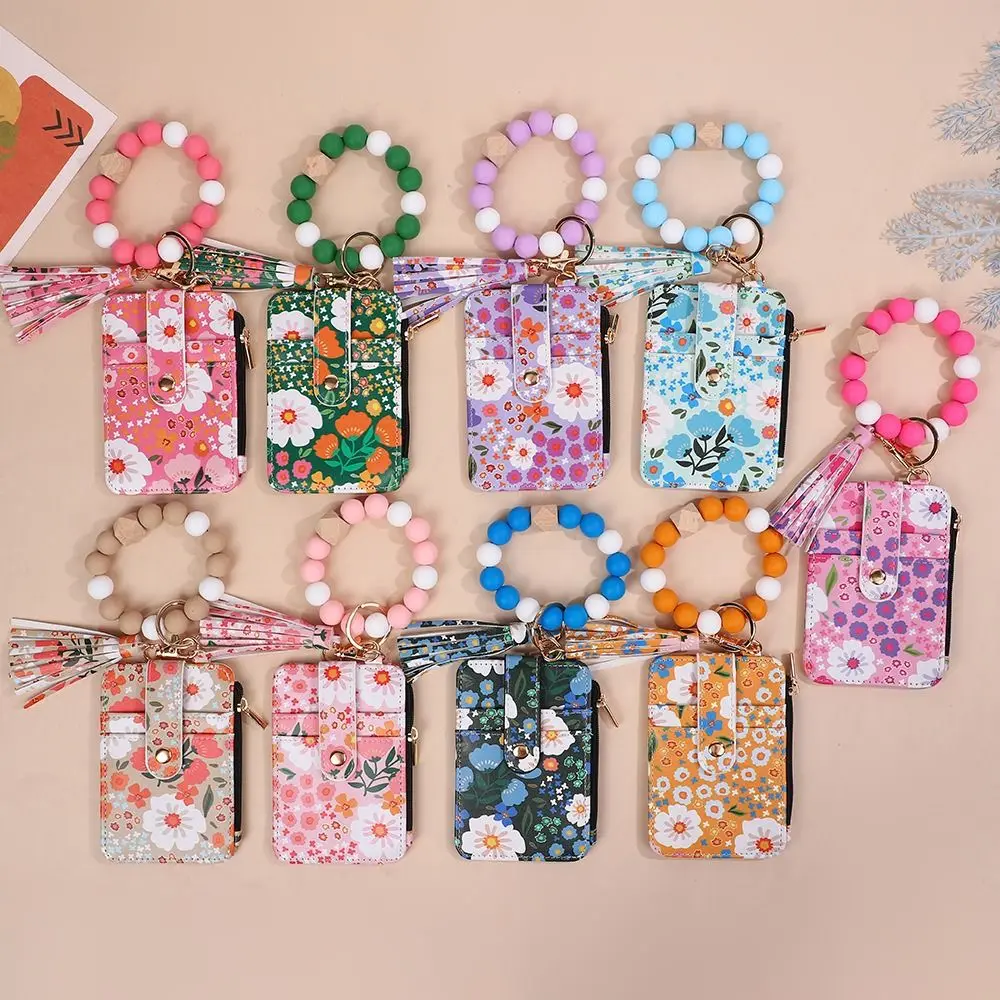 Fragmented Design Silicone Bead Bracelet Keychain Pu Leather Flower Pattern Wristlet Wallet Keychain Boho Style Beaded Detail