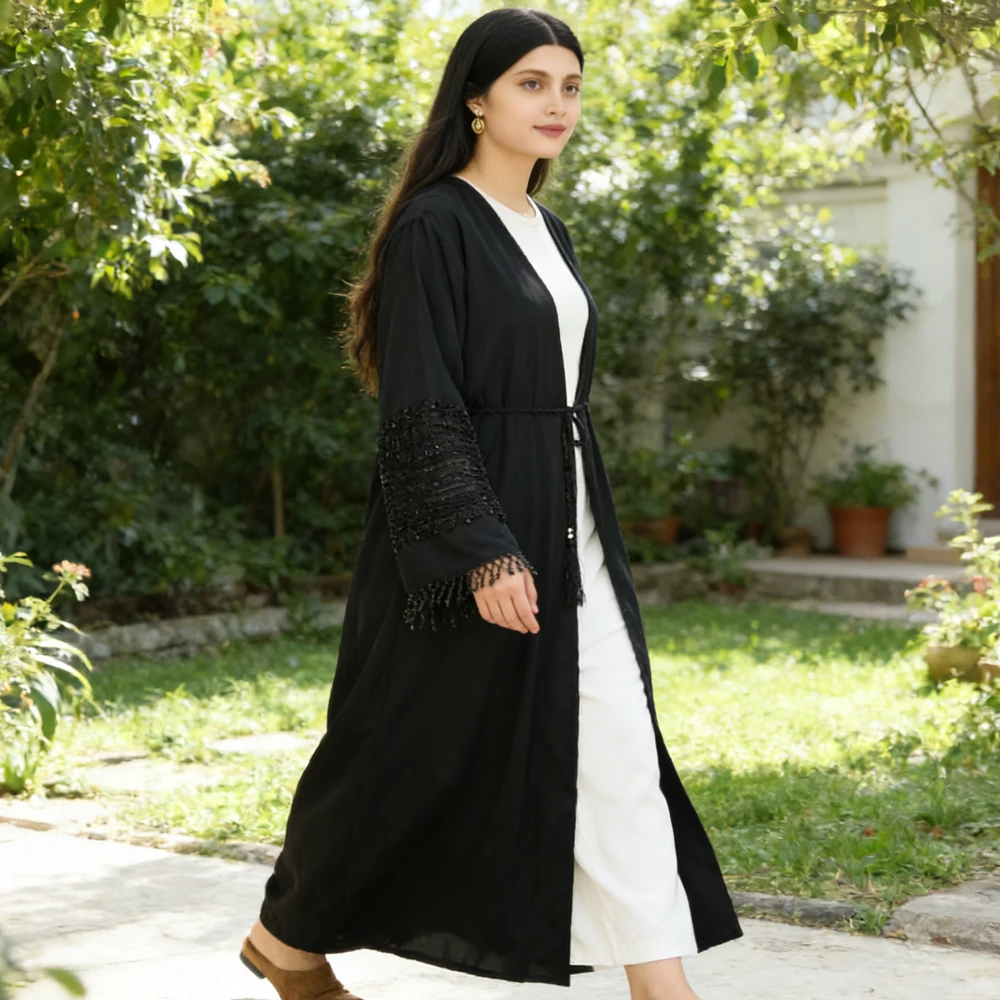 

Fashion Muslim Beads Cardigan Dubai Open Abaya Women Dress Turkey Kaftan Eid Kebaya Kimono Jalabiya Islam Clothing Kaftan Robe
