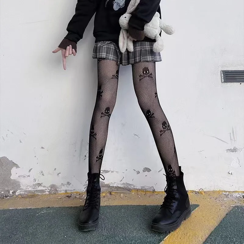 Fishnet Gothic Punk Stil Mesh Schädel Druck süße Strumpfhosen Piraten Halloween Kostüm Sexy Strumpfhosen JK Party Club Kawaii Strumpf – Detail 1