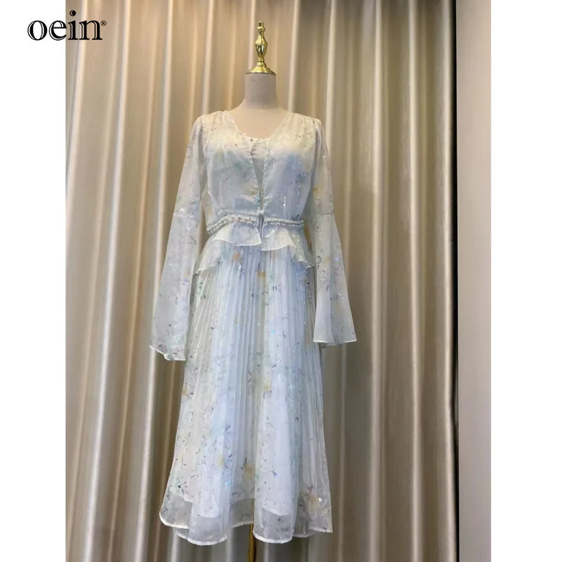 [oein] 2024 New Romantic Tea Break French Exquisite Fairy Green Fragmented Flower Dress Children