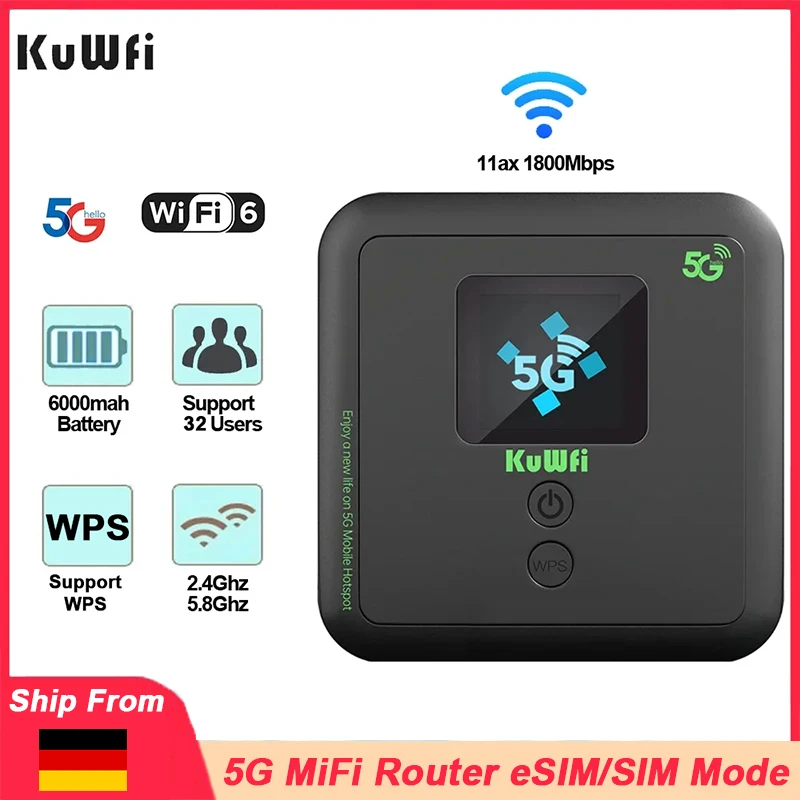 KuWFi 5G MiFi Router Wi-Fi6 AX3000 Tragbarer Mobiler Router Dual-Band WLAN eSIM SIM-Modus Reise-Router 6000mAh Akku 32 Benutzer