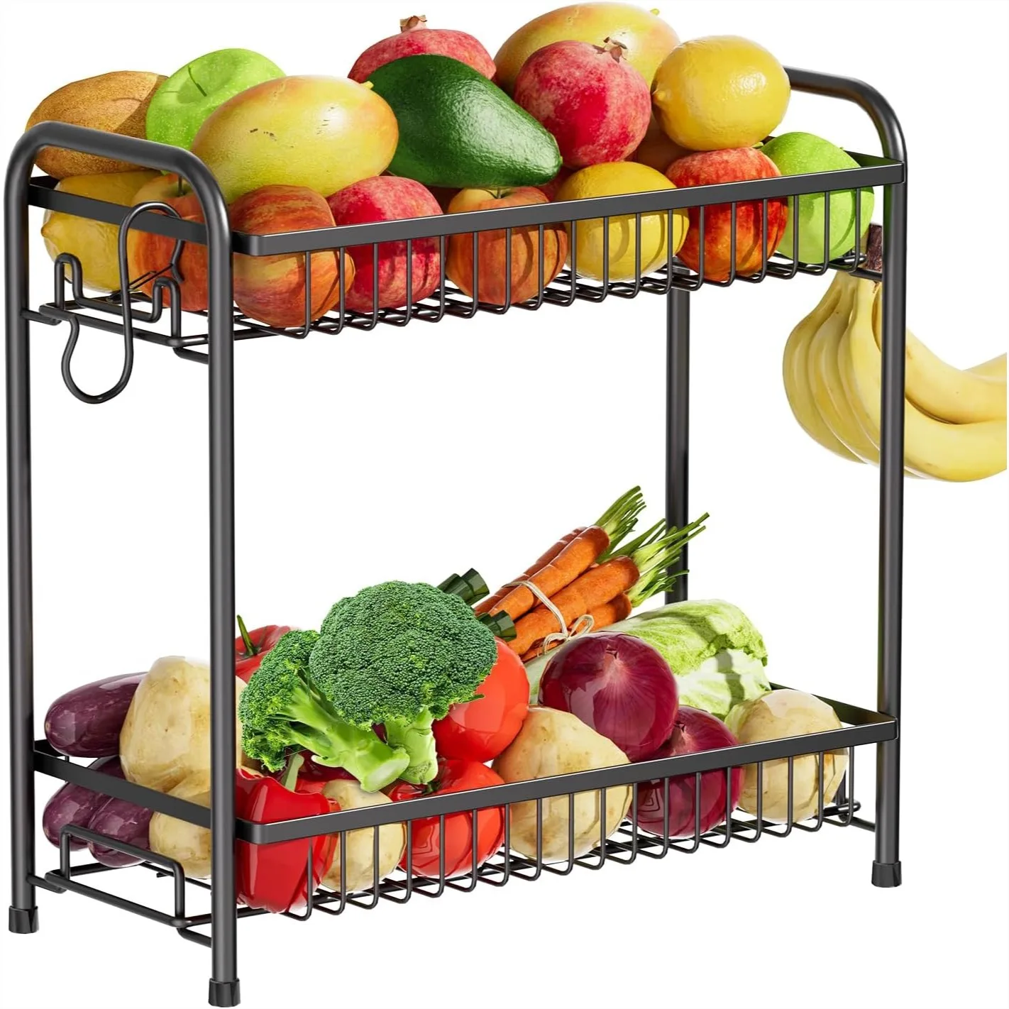 

Extra Large 2 Tier Fruit Basket with Banana Hanger for Kitchen Counter, Metal Produce Storage Organizer for Vegetables Onions