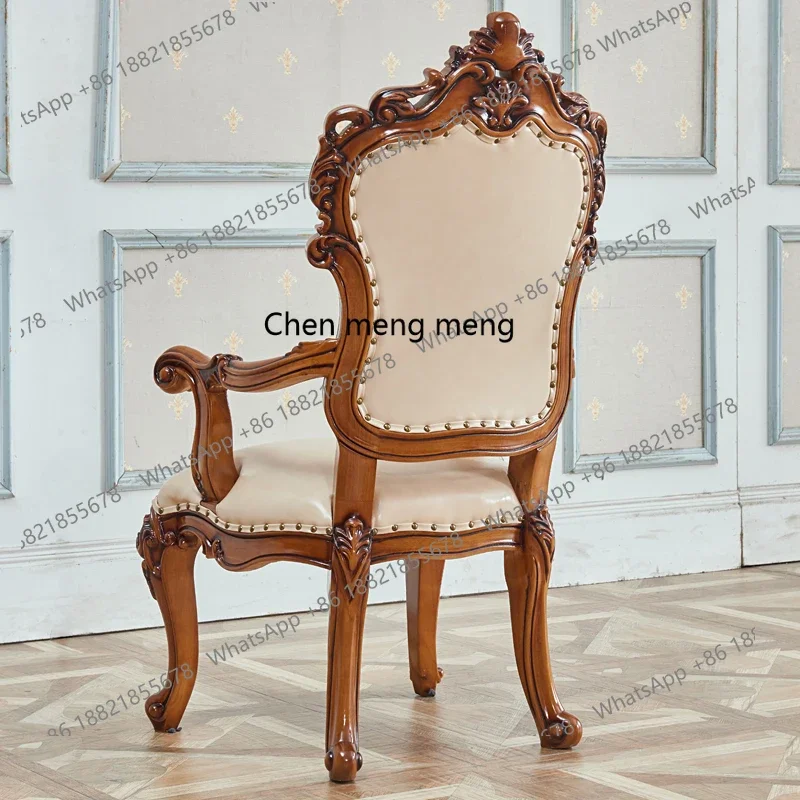

European solid wood carving flower dining chair, American dark dining table first layer cowhide double-sided carved table chair