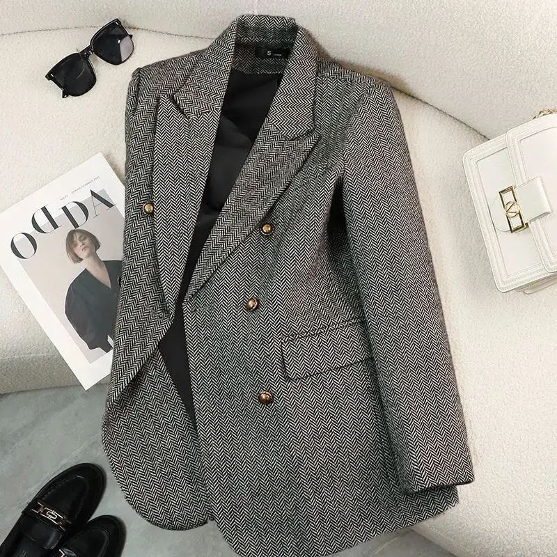 Autumn Winter New Chic Blazer Coats Women's Woolen Jackets Long Sleeve Notched Vintage Thick Outerwears Elegant Female Clothes