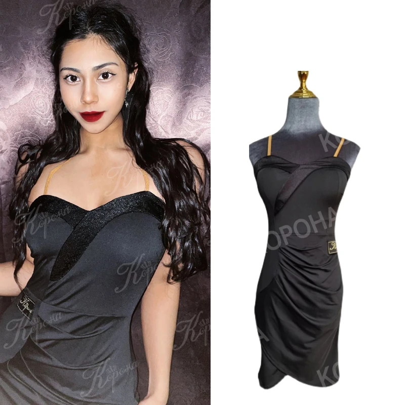

2025 Latin Dance Dress For Women Sling Sexy Black Practice Clothes Chacha Rumba Tango Adult Female Latin Stage Dress DQS19447