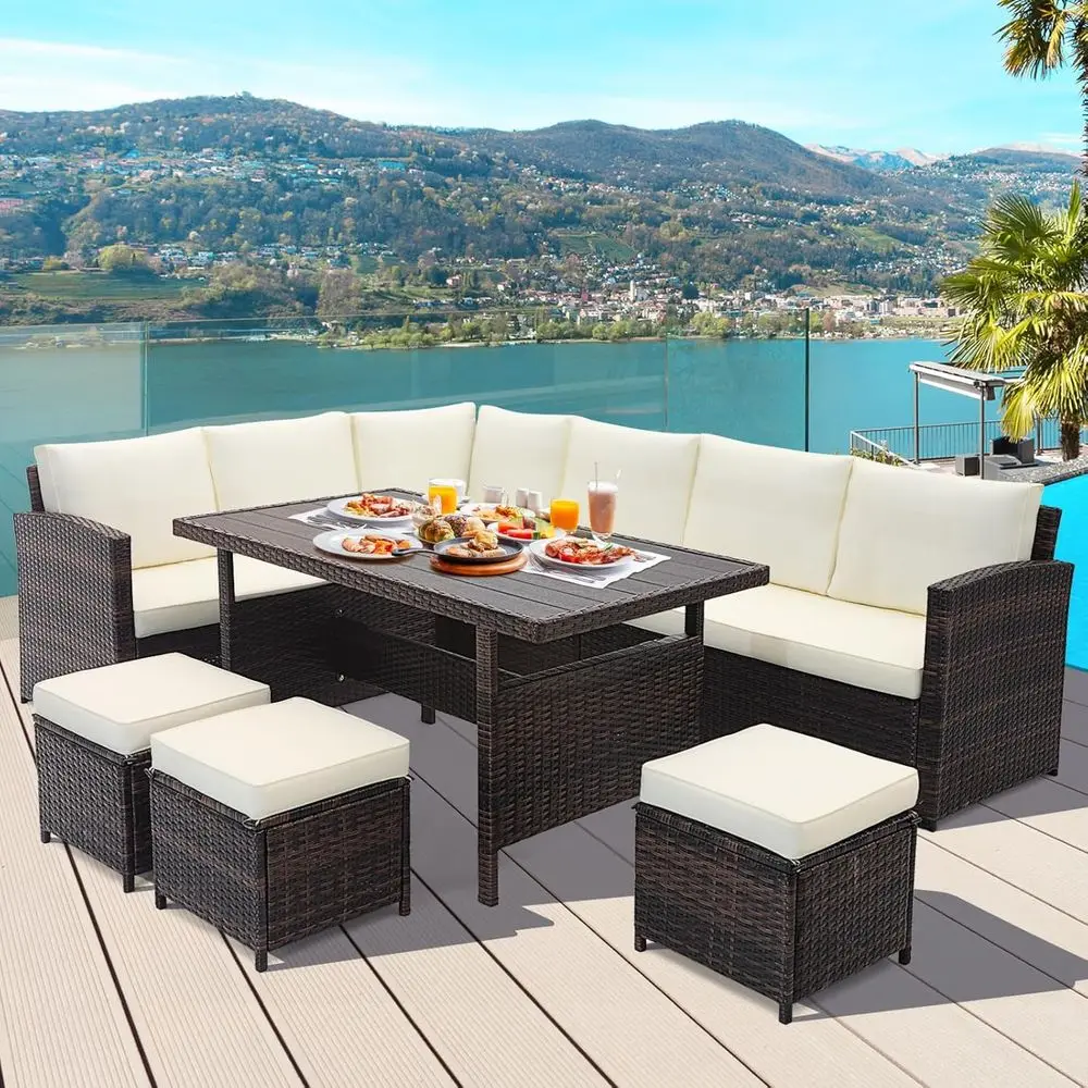 

Комплект садовой мебели из 7 предметов: плетеный диван-секционный гарнитур из ротанга (полиэтилен) с обеденным столом и пуфами для двора, террасы или у бассейна