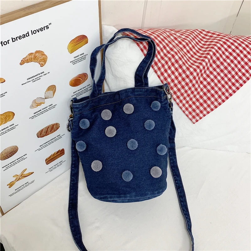 Fashion Cute Denim Bucket Bag for Women with Detachable Strap Mini Handbag for Daily Use Casual Concise Decor Crossbody Bag