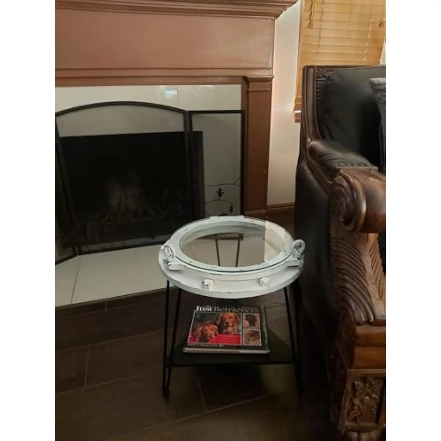 

Drh - Nautical Wood Ship Porthole Table - Distressed White Color with Black Metal Legs - Round Accent Table for Beach House and