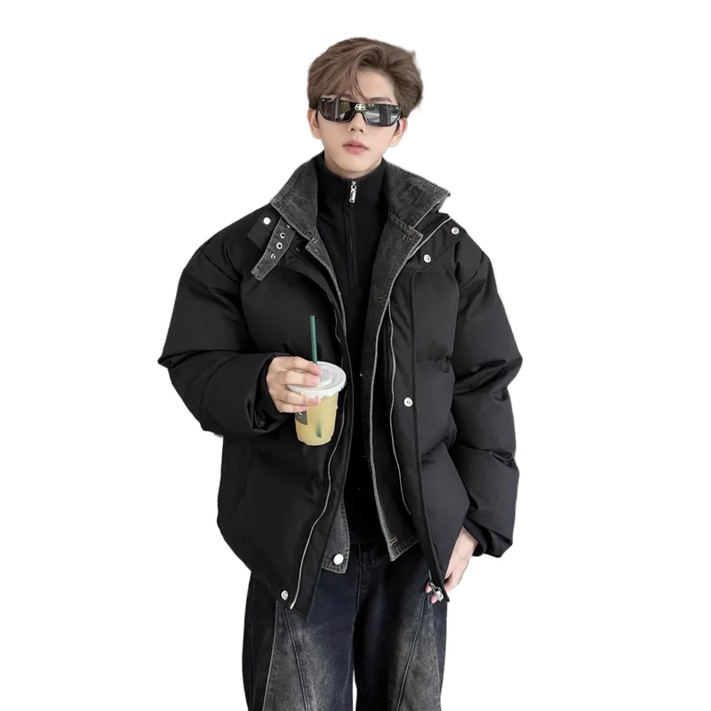 

Men's Fashion Puffy Parkas Cotton Padded Thick Warm Overcoat Winter Thermal Puffer Jacket With Jeans Paatchwork Outerwear