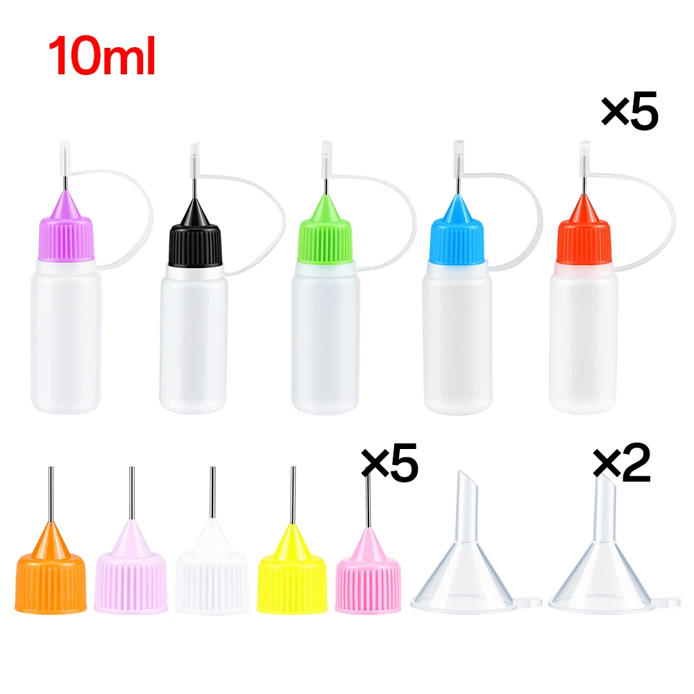 5 Stück 10ml-120ml Präzisions-Applikatorflaschen mit Nadelspitze, Quetschflaschen für Klebstoff mit 2 Mini-Trichtern für DIY-Malerei und Papierquilling