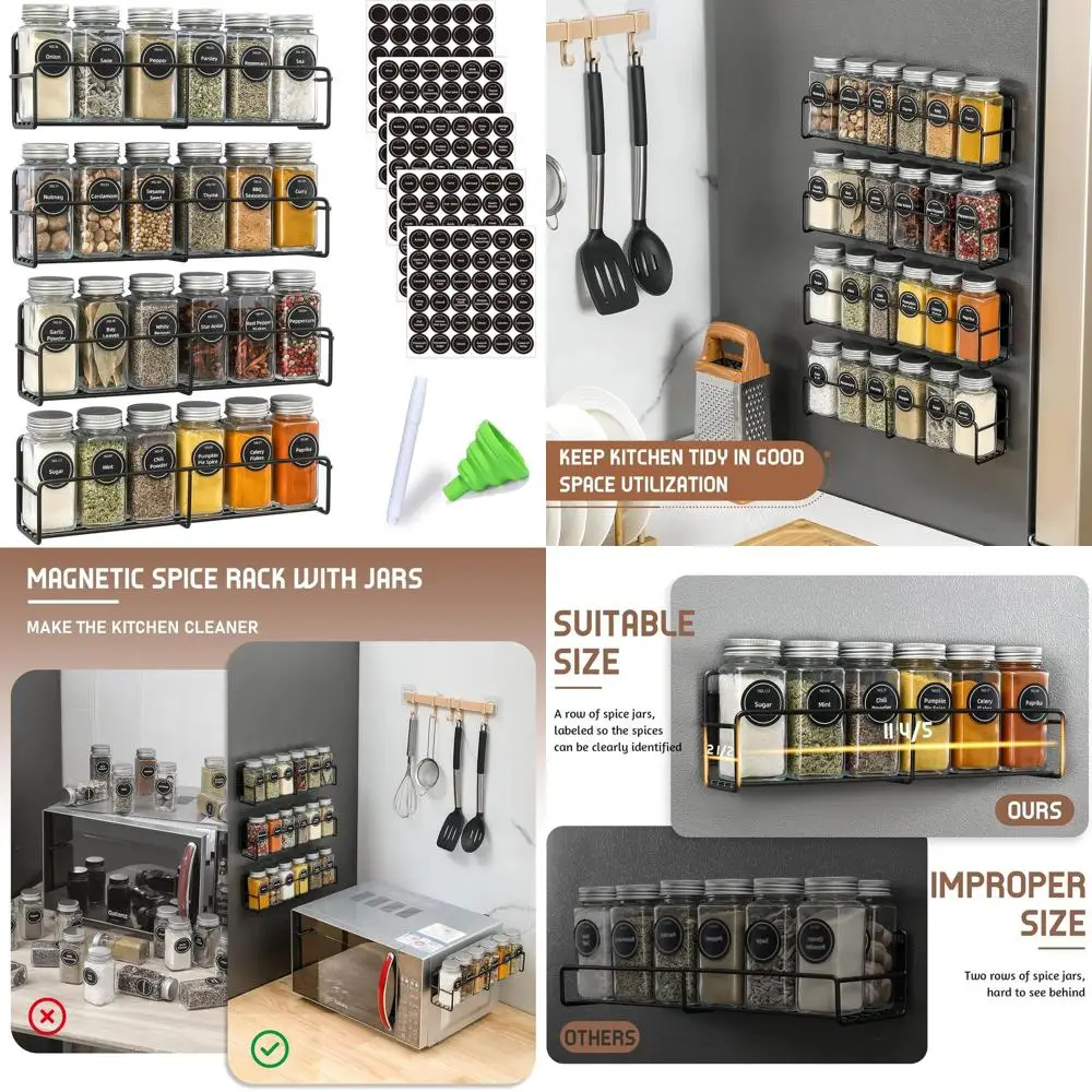 

4-Pack Magnetic Spice Jars Set, 24 Square Glass Jars with Lids, Pre-Labeled for Easy Identification, Includes Funnel, Ideal for