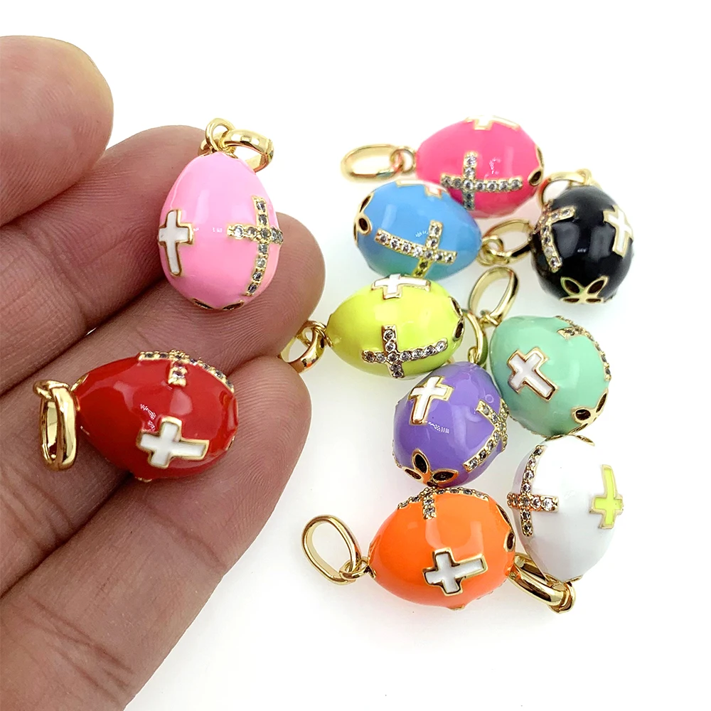 Easter Day Religious Cross Russian Faberge Egg Pink Colorful Enamel CZ Pendant Necklace Gold Plated Women Jewelry Gift Accessory