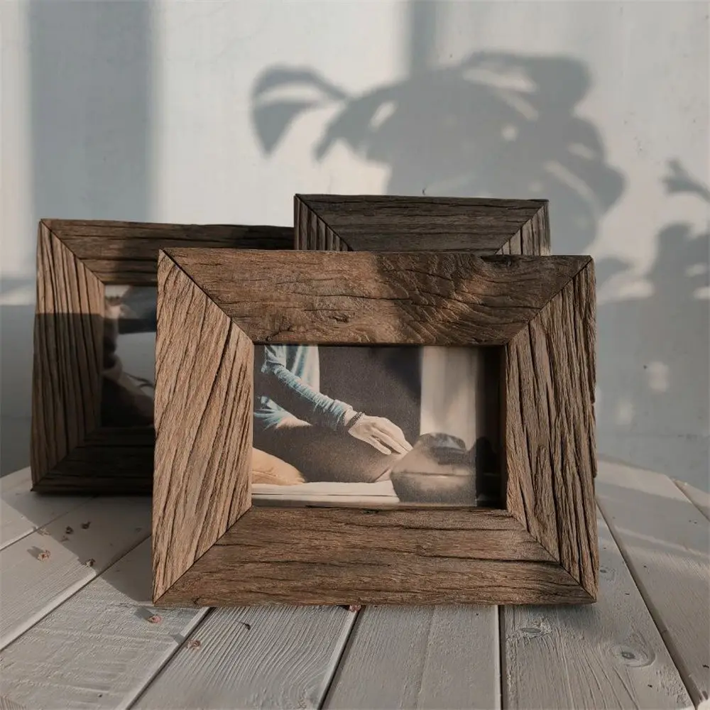 American style country weathered solid wood photo frame Vintage Desktop Photo Frame Tenon and Mortise Art Log Picture Frame