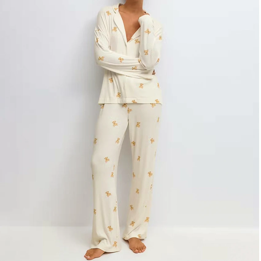 

HiLoc Casual Print Long Pant Sets Pajamas For Woman 2025 Autumn Long Sleeve Shirts With Trousers 2 Piece Home Outfits Female