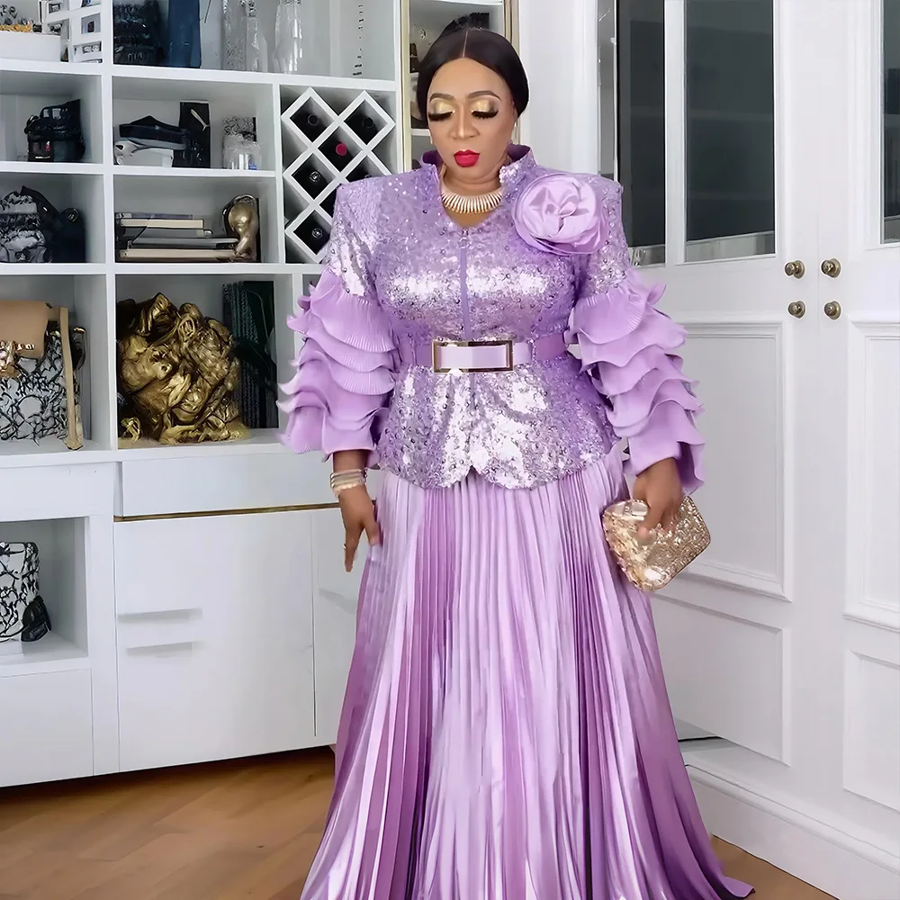 

2 Pieces Set African Clothes Women Sequin Tops And Skirts Suits Plus Size Wedding Evening Party Dresses Dubai Turkey Kaftans