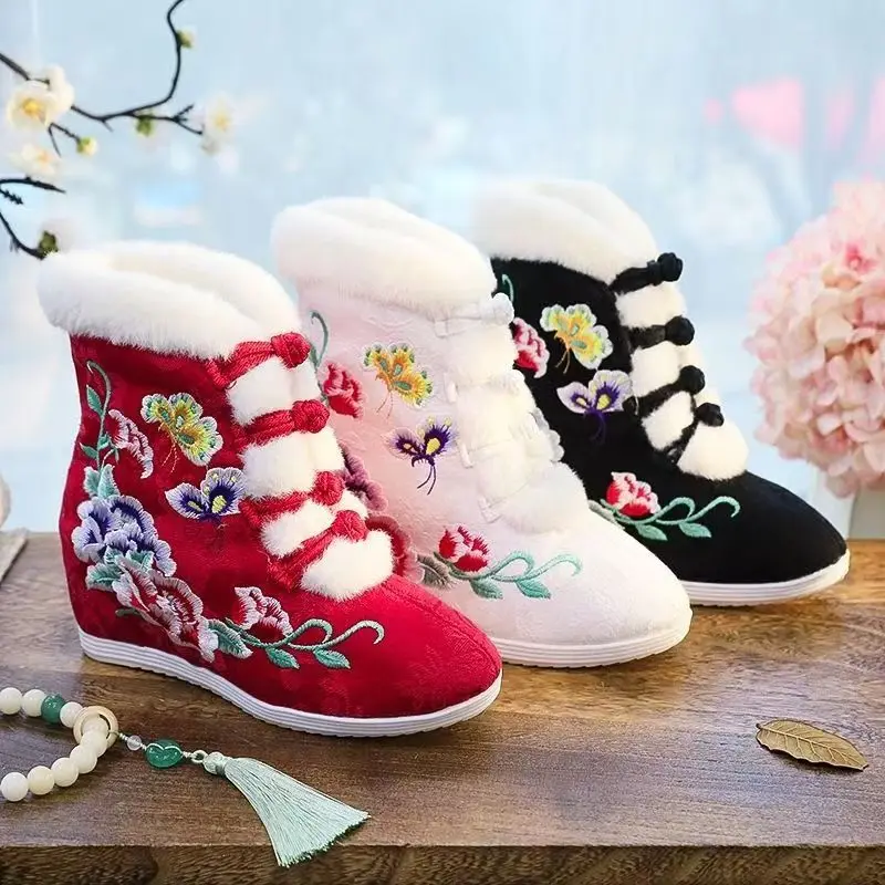 

Women High Top Canvas Embroidered Cotton Boots Ethnic Style Winter New Increased Internal Plush Keep Warn Ankle Hanfu Boots