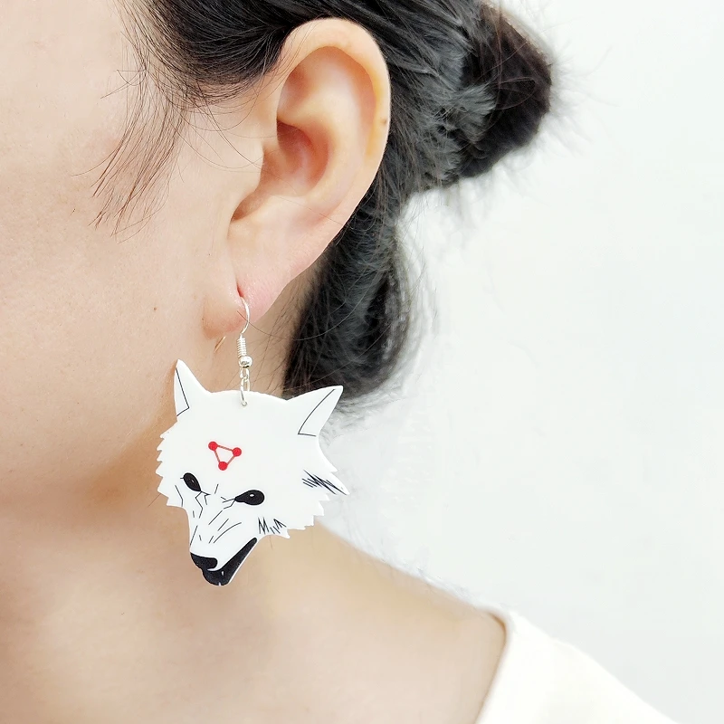 KUGUYS Jujutsu Kaisen Black White Wolf Dog Drop Earrings for Girls Womens Trendy Animal Jewelry Fashion Printing Accessories