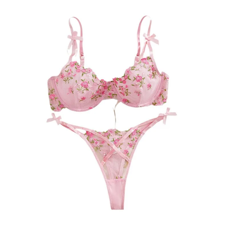 Bikini sexy lingerie with a sweet atmosphere, mesh floral embroidery set