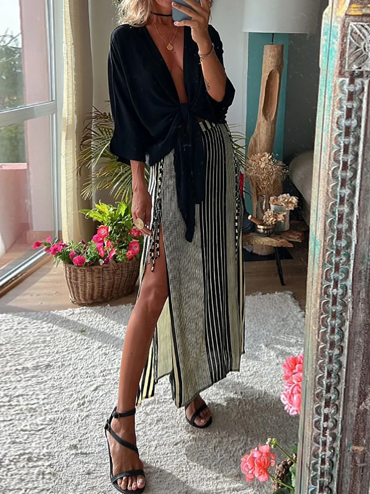 

Women V Neck Black Tops Print Skirt Set Summer Vintage Female Skirt Matching Suit Casual Loose Long Skirt Two Piece Set Outfits