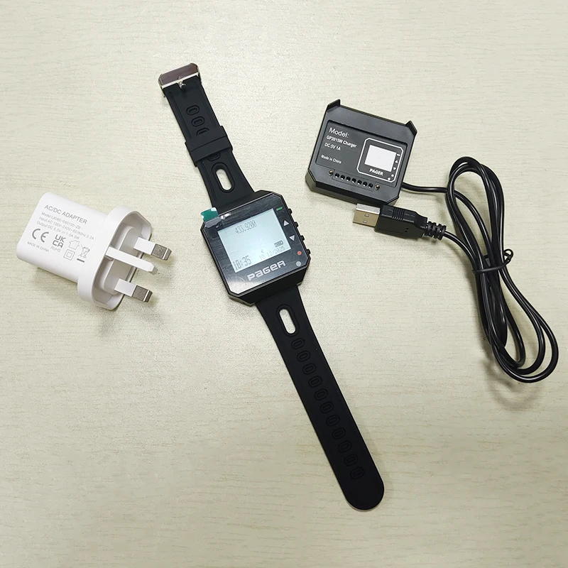 Wireless POCSAG Wrist Watch Pager Beeper Text Receiver Call System Support Multi-language with GP2015W Charger for Hospital Bar