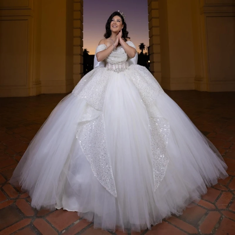 

White Shiny Quinceanera Dresses Ball Gown Off The Shoulder Bow Beading Crystal Tull Corset Sweet 16 Dress Vestidos De 15 Anos