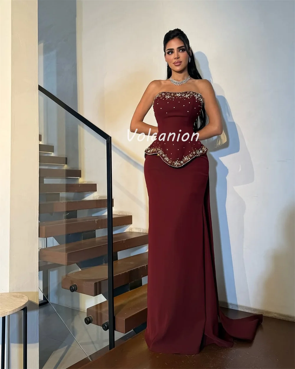 Customized Modern Style Sparkle Jersey Rhinestone Sequined Ruffle Pleat Straight Strapless Long Dresses Bespoke Occasion Dresses