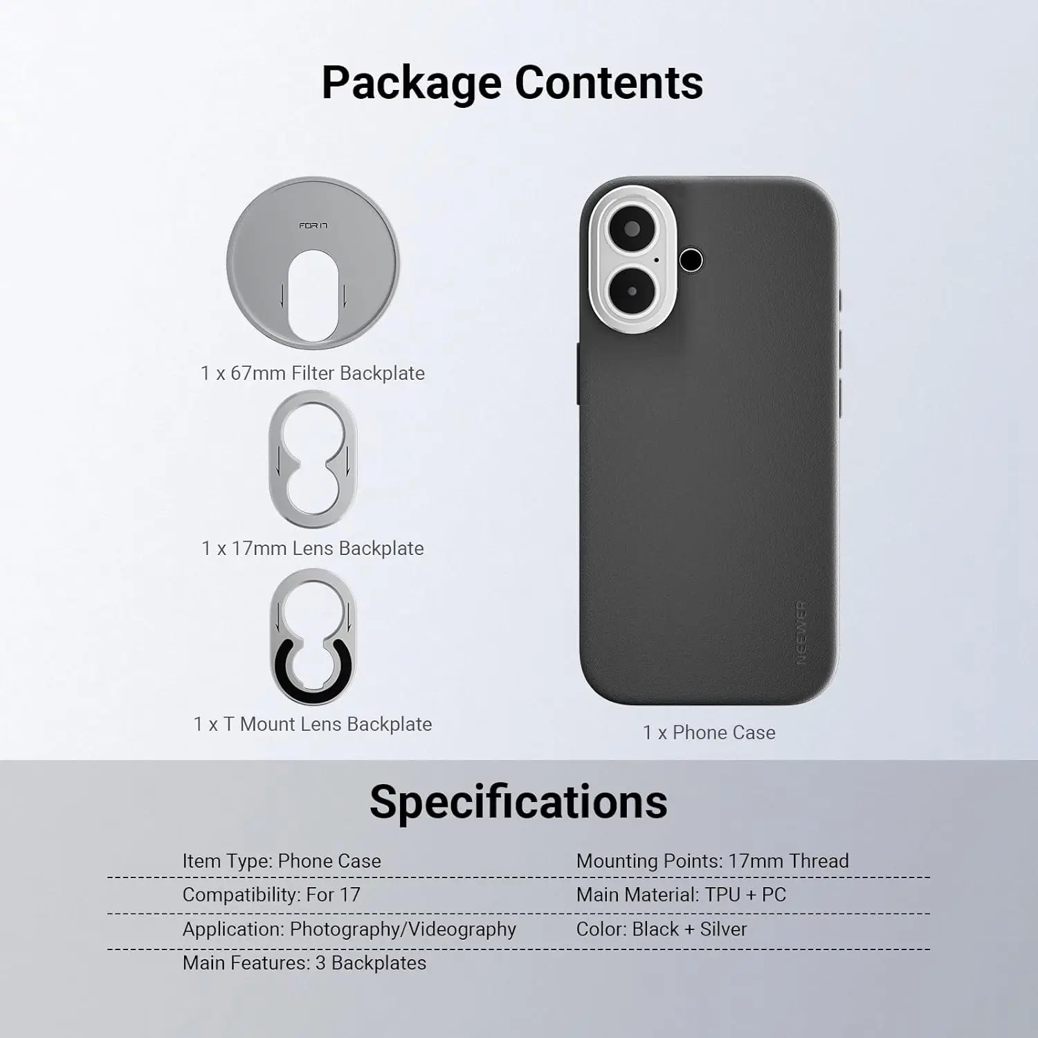 NEEWER Modulare Schutzhülle aus TPU/PC mit 67mm Filterring, 17mm Objektivrückplatte, für Moment MagSafe iPhone 17 – Detail 7