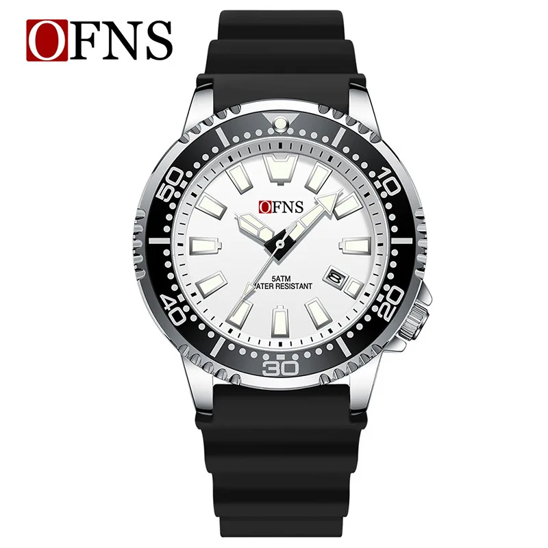 

Новые кварцевые часы OFNS, стильные и простые, с календарем, резиновым ремешком, светящимся циферблатом, водонепроницаемые, мужские часы.