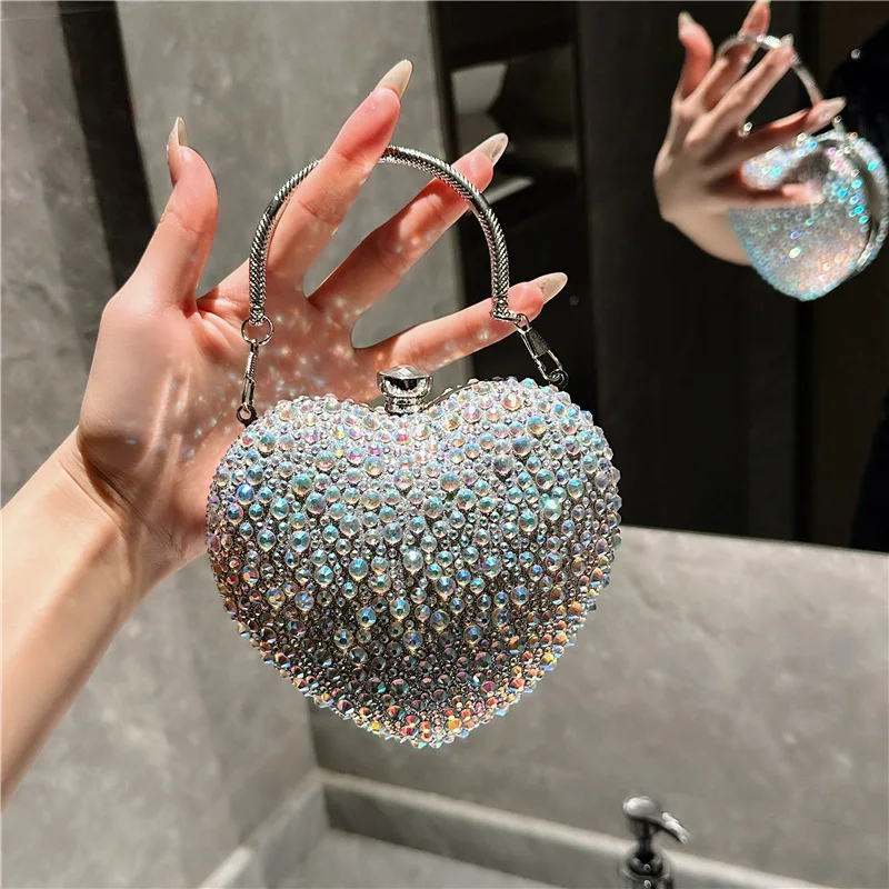 Luxury Diamond Inlay Heart Shape Crystal Clutch Purse Stones Evening Wedding Party Shoulder Bag Handle Rhinestone Mini Handbags view 4