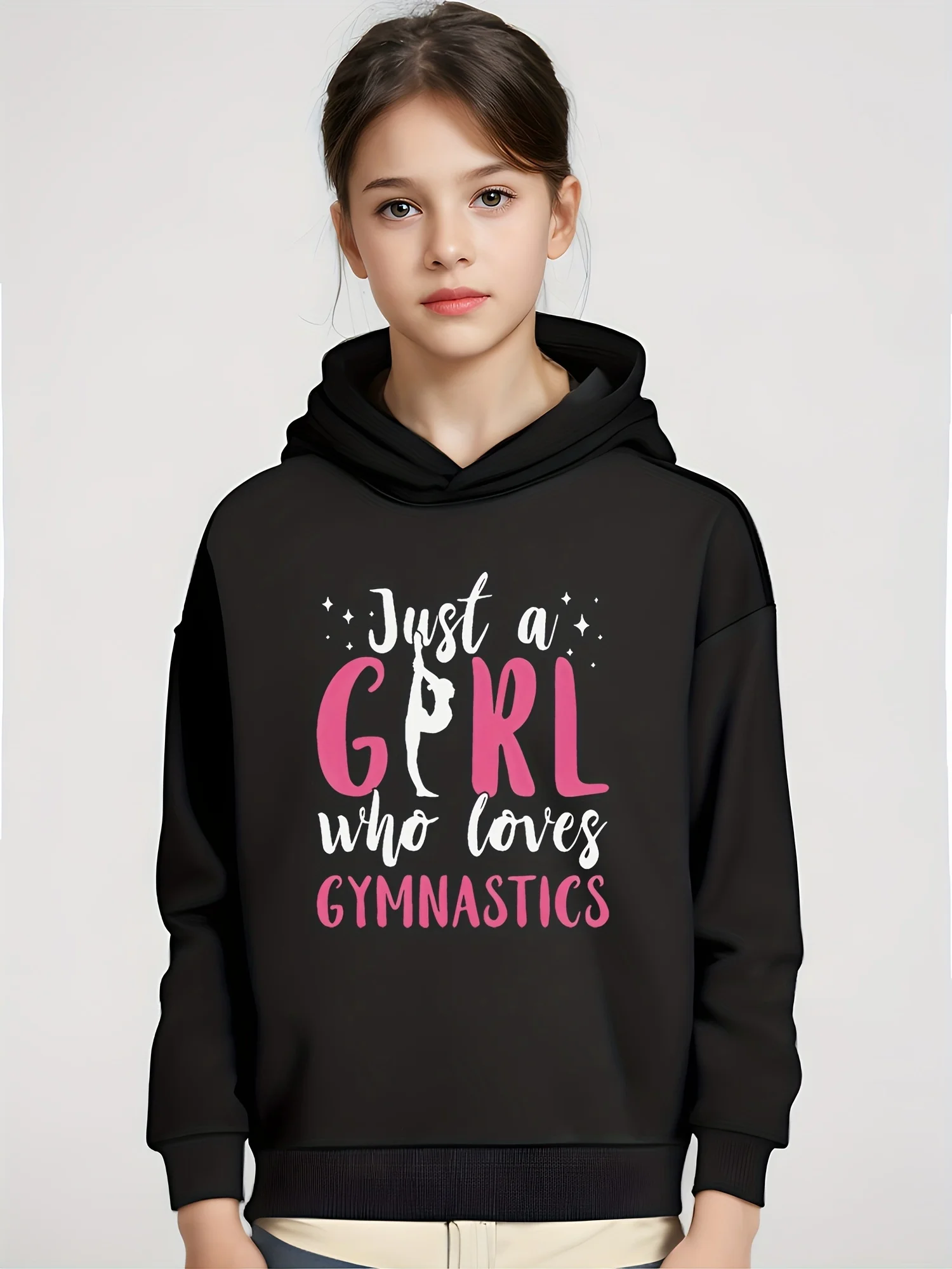 Hoodie Girls GYMNASTICS Pattern Print Sports Slightly Stretch Long Sleeve Hooded Sweatshirt Girls Clothing Outdoor Activities I