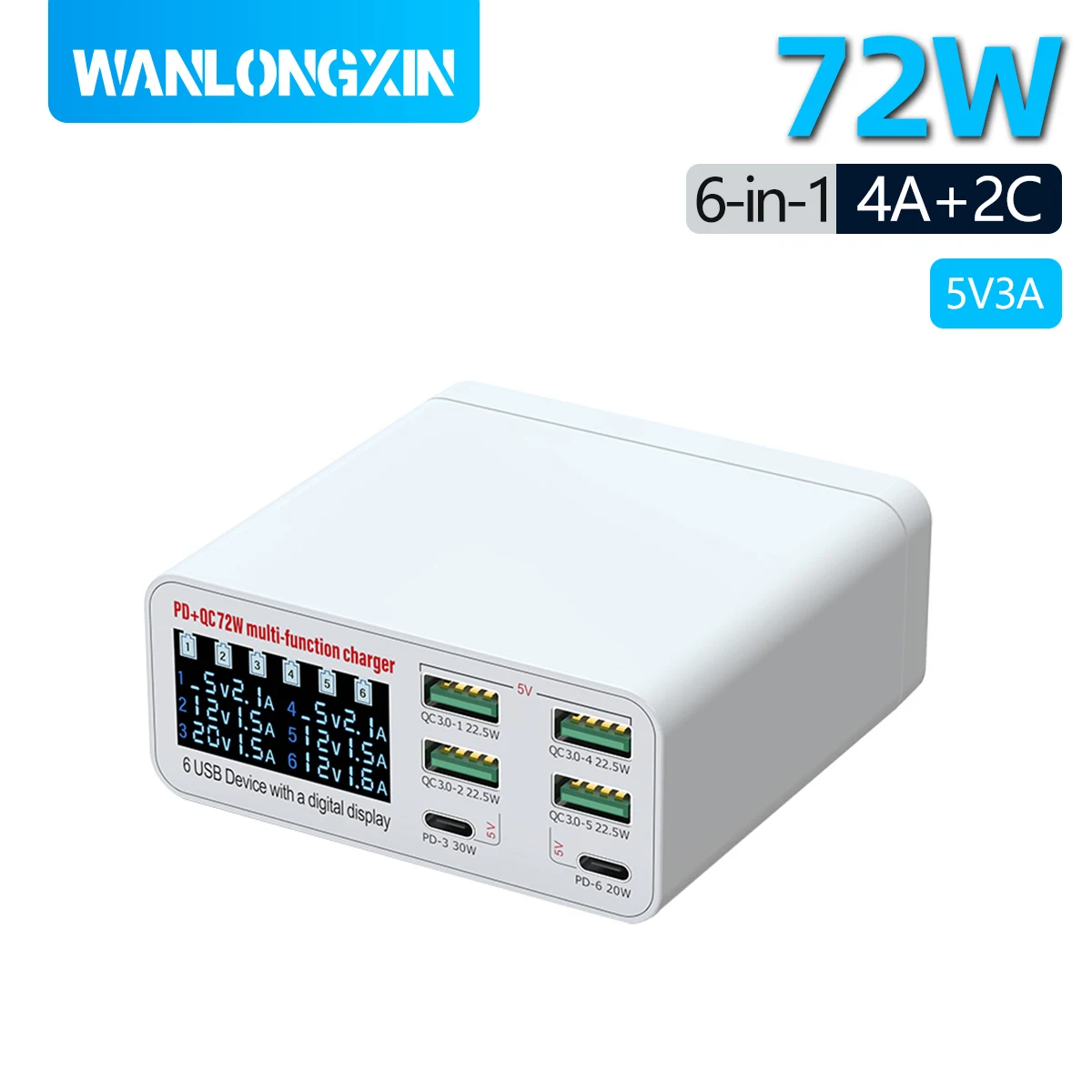 

GaN Desktop Charger 6-Ports PD 72W USB Type C QC 3.0 Fast Charging Station for IPhone 17 16 Pro Tablet Macbook Samsung Laptop