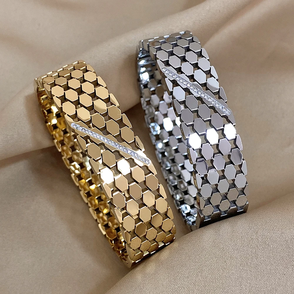 Vintage Stainless Steel Rhinestones Bracelet Bangle Fashion Multiple Row Geometric Polygon Bracelet Wristband Waterproof Jewelry