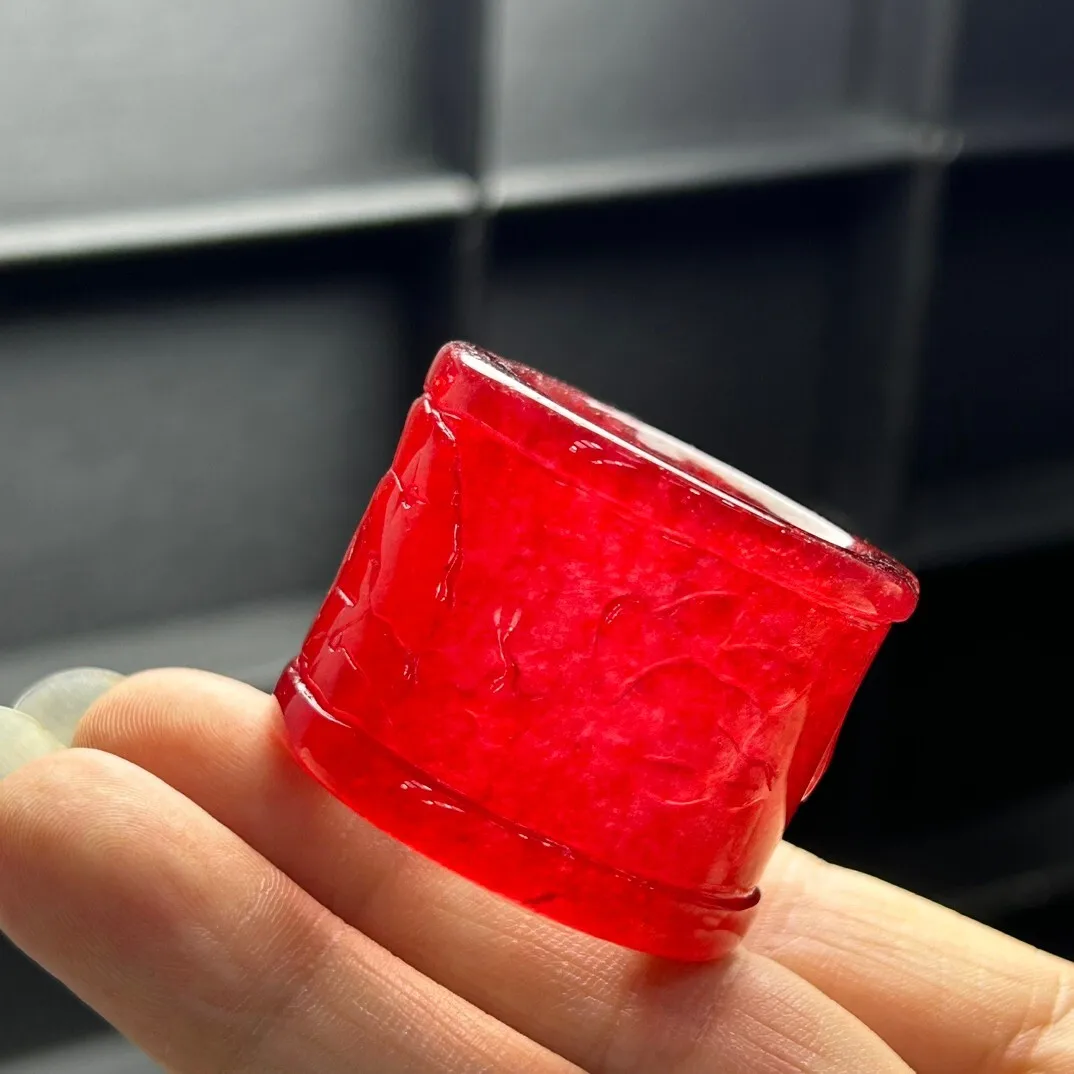 

Certified Natural Ice Red Burmese Jade Jadeite Carved Amulet archery thumb Rings