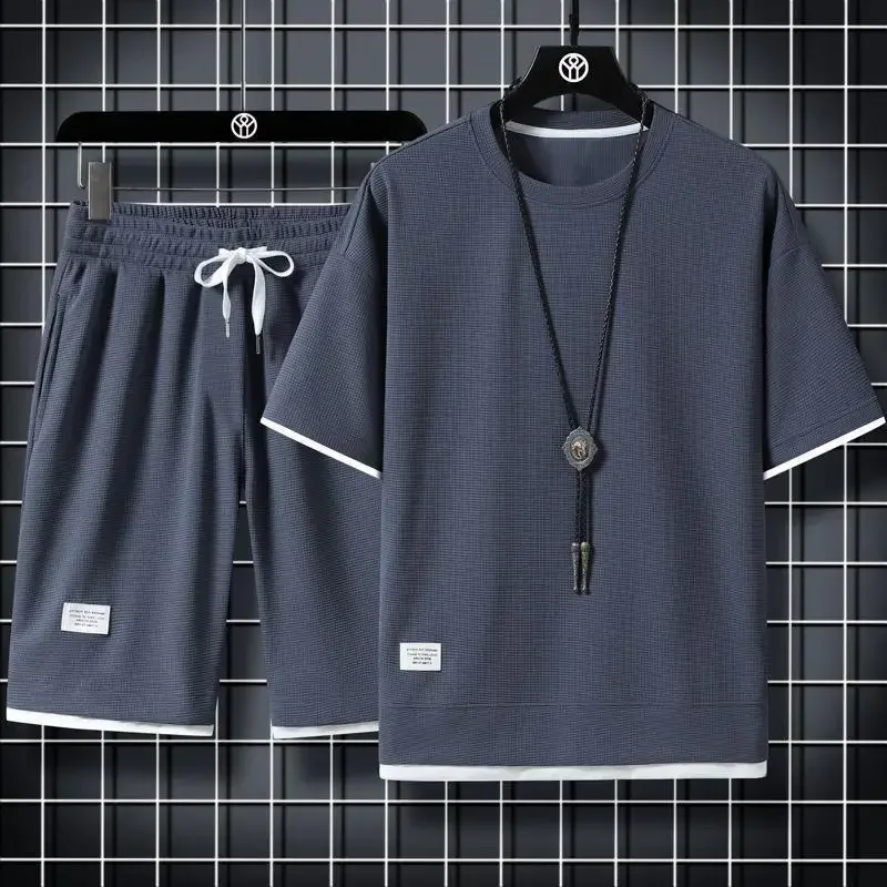 Traje de ilusión de dos piezas Wearwal Checks de talla grande de verano para hombre, pantalón corto informal de manga corta, pantalones cortos para hombre, conjunto de Top deportivo transpirable