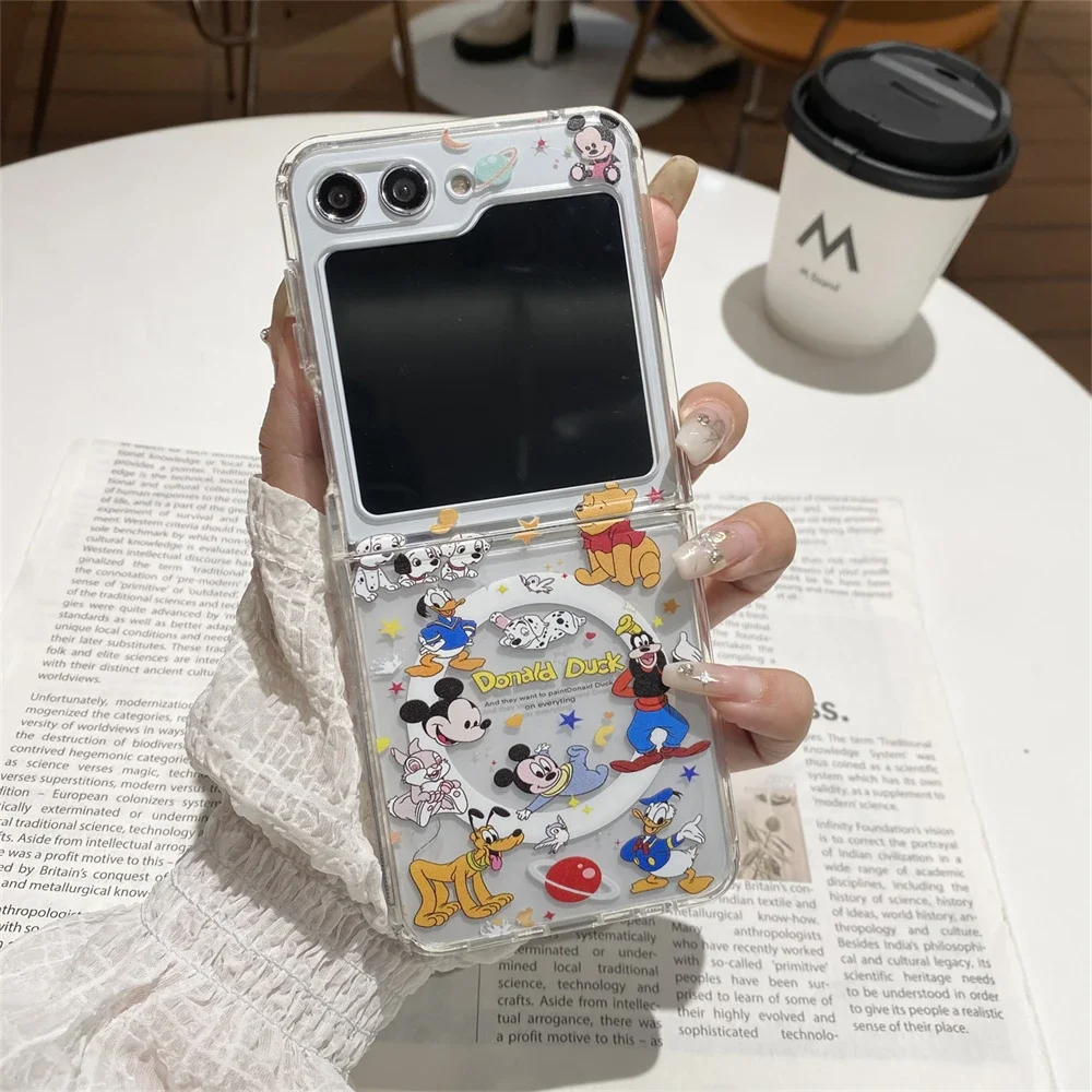 Cute Disneies Mickey Winnie Music Party Magsafe Magnetic Phone Case for Samsung Galaxy Z Flip 3 4 5 6 Z 5G Soft Clear Tpu Cover